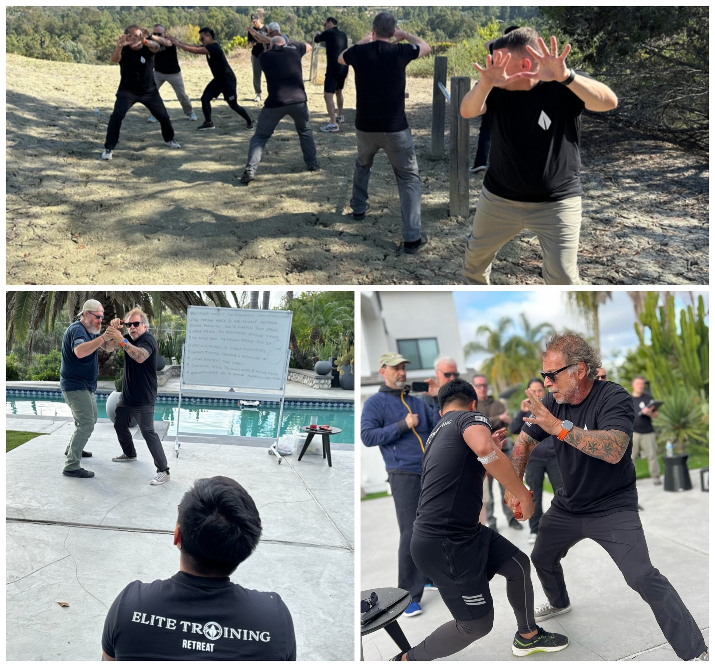Scenes from the Elite Training Retreat — outdoor drills, whiteboard teaching, and hands-on coaching